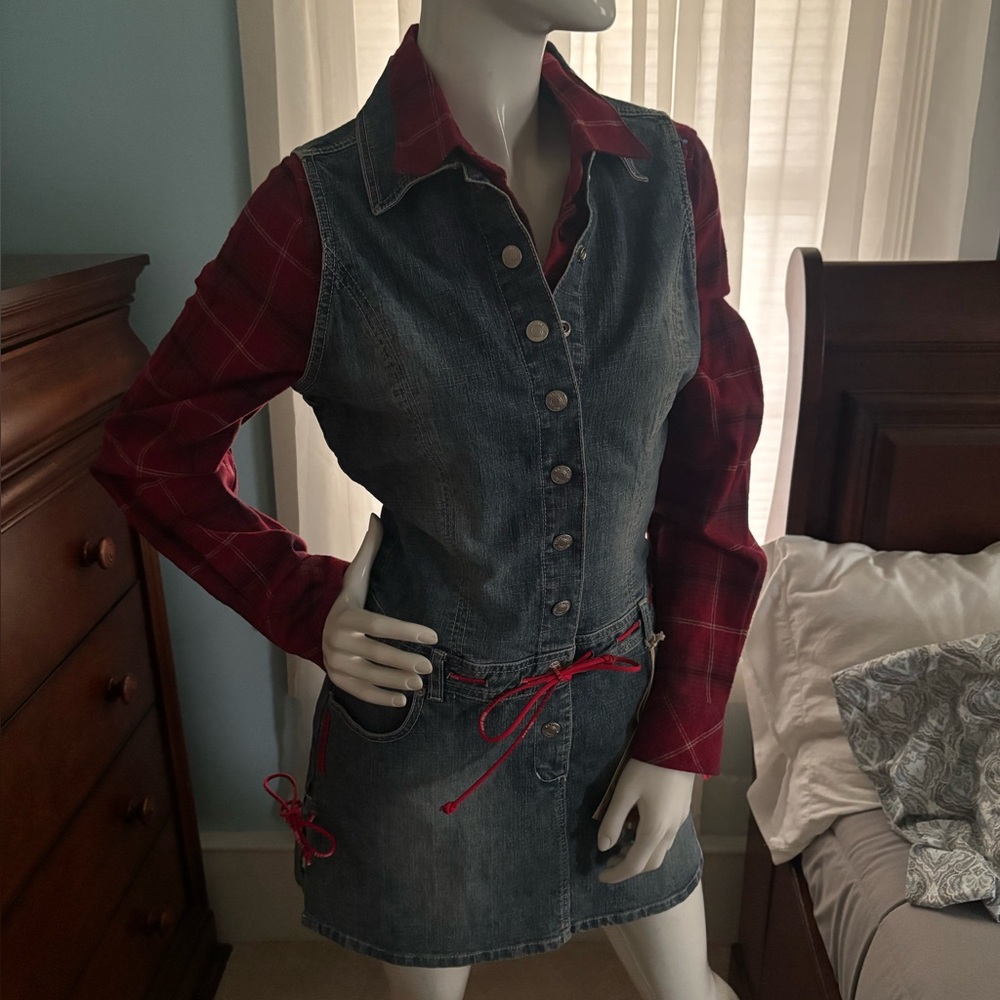 U S POLO blue EUC denim dress with SCHMIDT flannel shirt NEW with tags